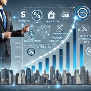 DALL·E 2025-01-29 13.31.20 - A visually compelling infographic illustrating real estate sales strategy and price growth, using a blue and white color scheme. The image features a
