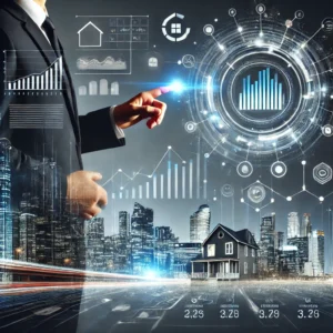 DALL·E 2025-01-29 13.58.18 - A futuristic real estate sales infographic without numbers or text. The image features a modern city skyline with a professional businessperson pointi