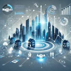 DALL·E 2025-01-29 13.58.22 - A visually compelling infographic illustrating real estate sales strategy and success, using a blue and white color scheme. The image features a futur