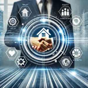 DALL·E 2025-01-29 14.04.06 - A futuristic, visually compelling infographic representing trust and recommendations in real estate brokerage. The image features abstract symbols of